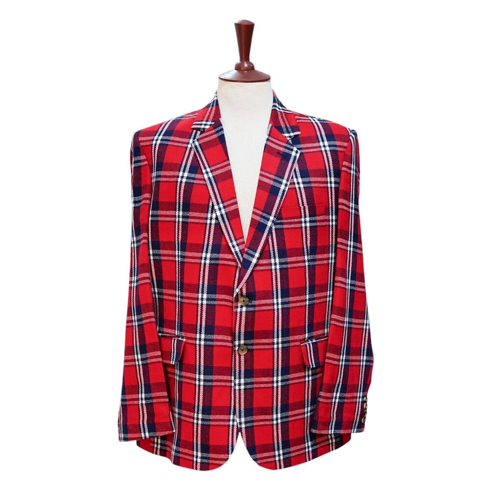 Mens Wool Sport Coat 44R Red Blue White Plaid Blazer 2 Button Wedding Formal